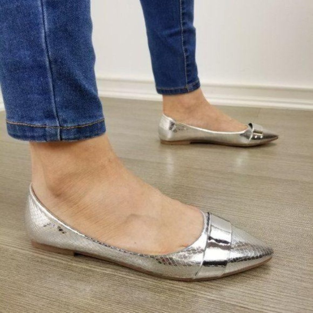 Silver Metallic Pointy Toe Slip On Flats - Picture 6 of 7